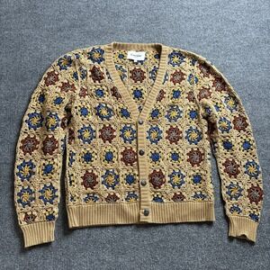 Corridor Crochet V-Neck Pima Cardigan Large Knit Sweater Yellow Granny Square